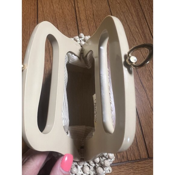 Gaymode Italy Purse Raffia Beaded Cream Beige Celluloid Handle 8” x 8” Clean - Picture 14 of 16